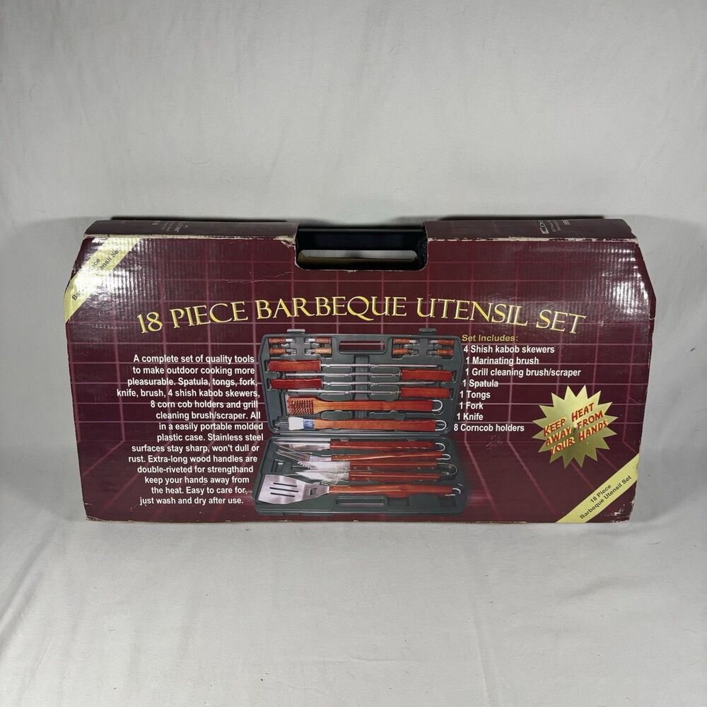 Delstar BBQ 18 Piece Stainless Steel Grill Utensil Set Wood Case BBQ 18